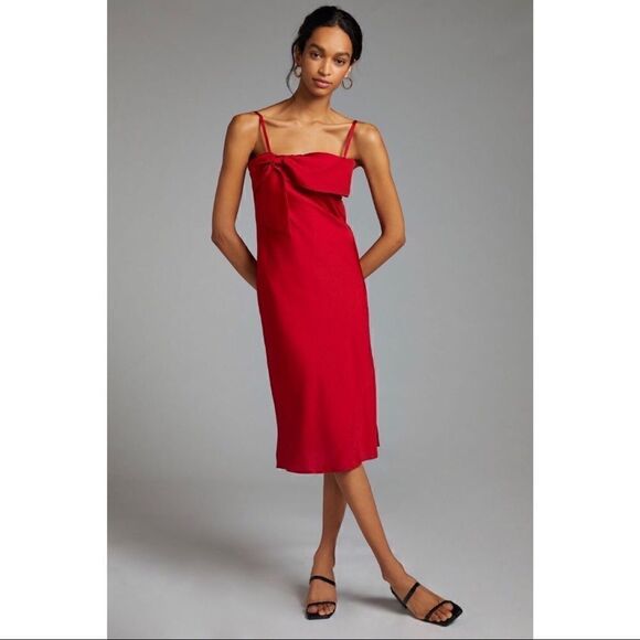 NEW Anthropologie Hutch Adina Red Bow-Front Slip Party Cocktail Midi Dress Large - Picture 1 of 6